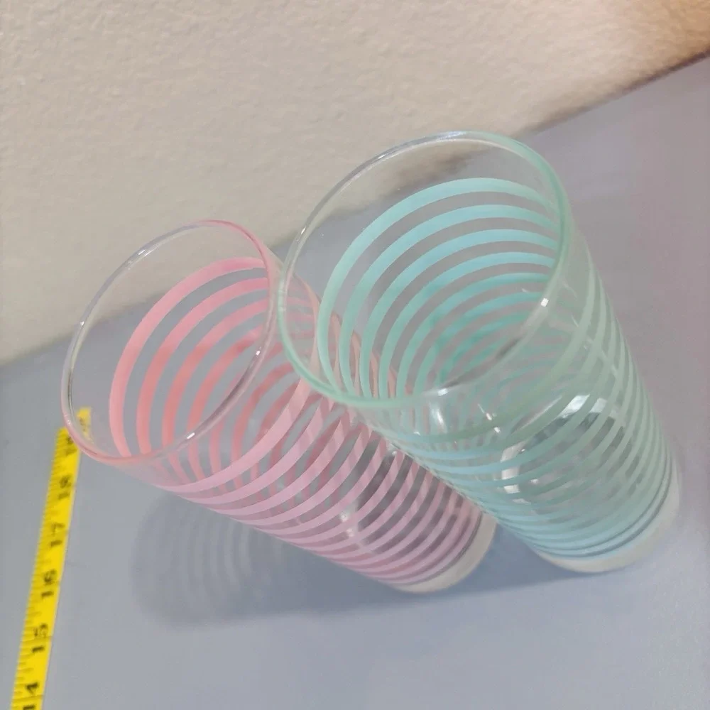 2 Libbey Vintage Mid Century Modern Retro Teal Pink Striped Highball Bar Glasses